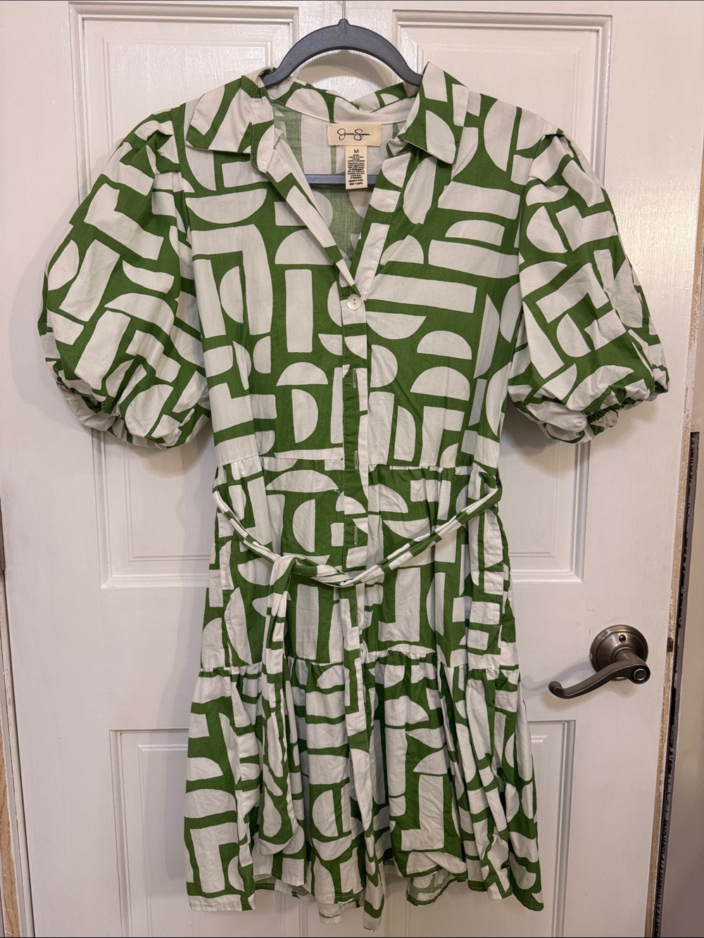 Jessica Simpson Green and White Geometric Puff-Sleeve Mini Dress